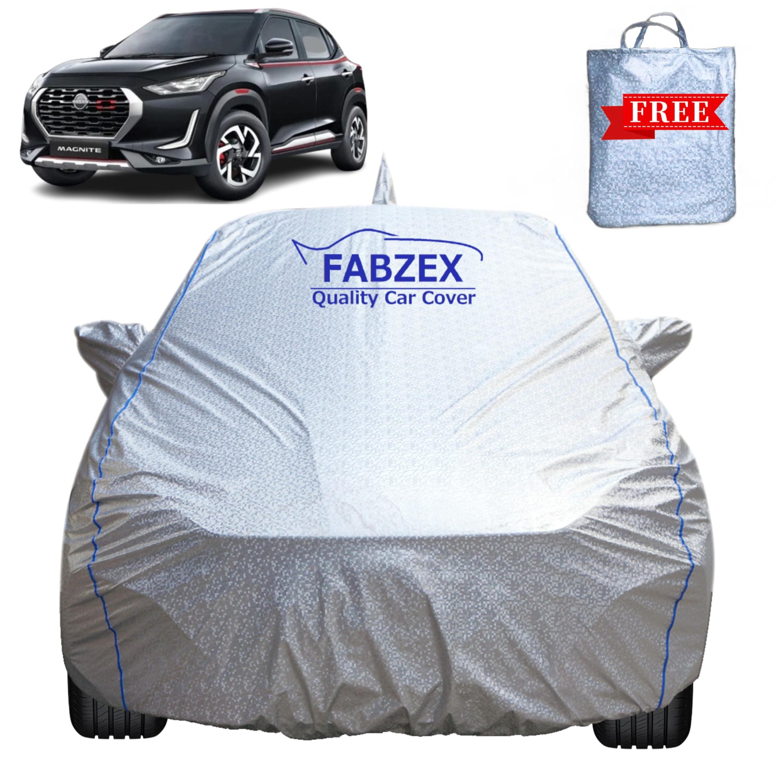 FABZEX Waterproof Car Body Cover Compatible for Nissan Magnite (All Models) with Mirror and Antenna Pockets,Triple Stitched Bottom Elistic with Buckle Silver Cover with Piping Free Bag