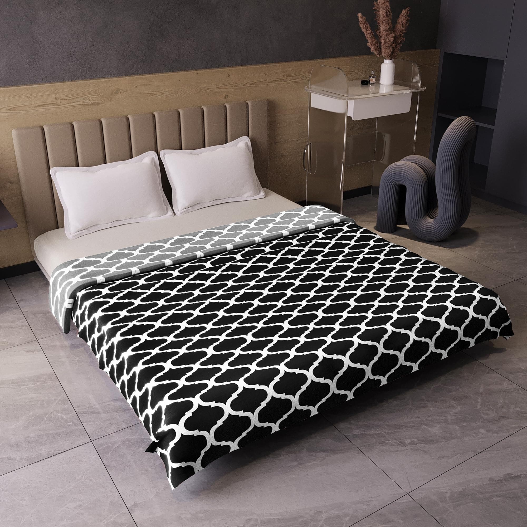 Divine Casa 150 GSM Microfiber Double Dohar | Soft & Lightweight Throw Blanket | Cozy & Breathable | All-Season Comfort | Size 220 x 205 CM | Moroccan Pattern | Caviar