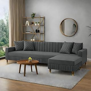 AMATA Omega Solid Wood 4 Seater L Shape Grey Suede Velvet Fabric Sofa Set with Four Cushions Perfect for Home Office Guests Living Room (03 Grey, Omega L Shape 4 SSEATER)(3 Year Warranty)