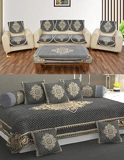 Multitex Heavy Chenille Velvet Sofa Cover with diwan Set and Table Cover Combo Set of 21 ps-Grey