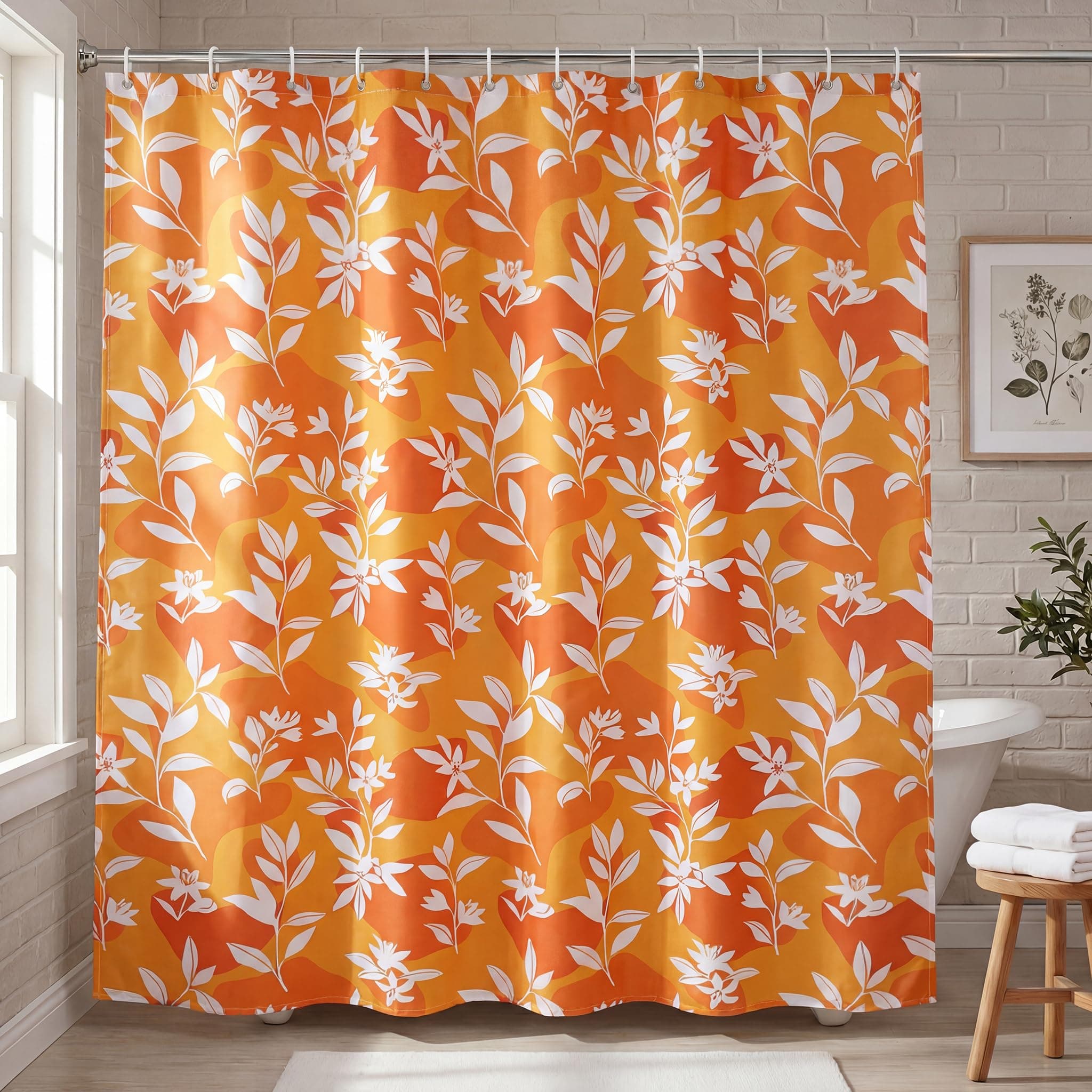 Decor & More Leaves Polyester Shower Semi Sheer Curtain ||200 * 180 Cm Bathroom Shower Curtains with 12 Hooks Included || Waterproof Shower Curtains for Bathroom, Hotels & Spa || Set of 1, Multicolour