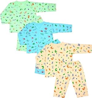 Generic Dreamee Fashions - Newborn Baby Boys and Baby Girls Full Sleeve Dress Sets, 100% Cotton Jhabla Sets, Pack of 3 (Prints May Vary)