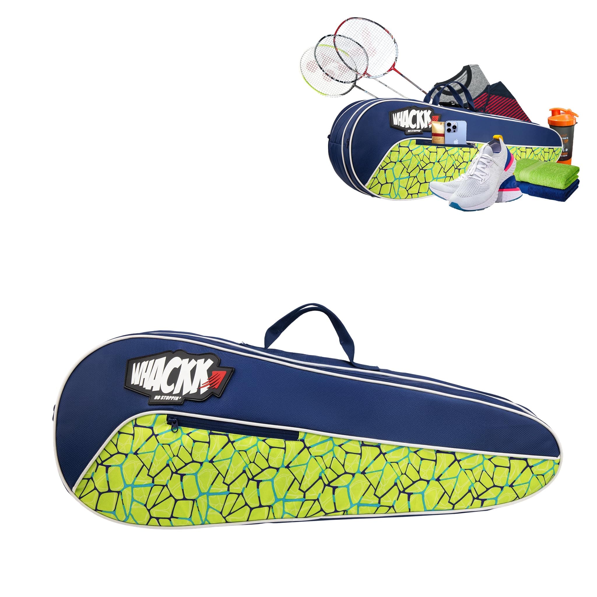 WHACKK Team Navy Blue Green Printed 45L Tennis Badminton Squash Equipment Cover Kit Bag 3 Big Compartments 4T 6B Racket | Backpack & Duffel