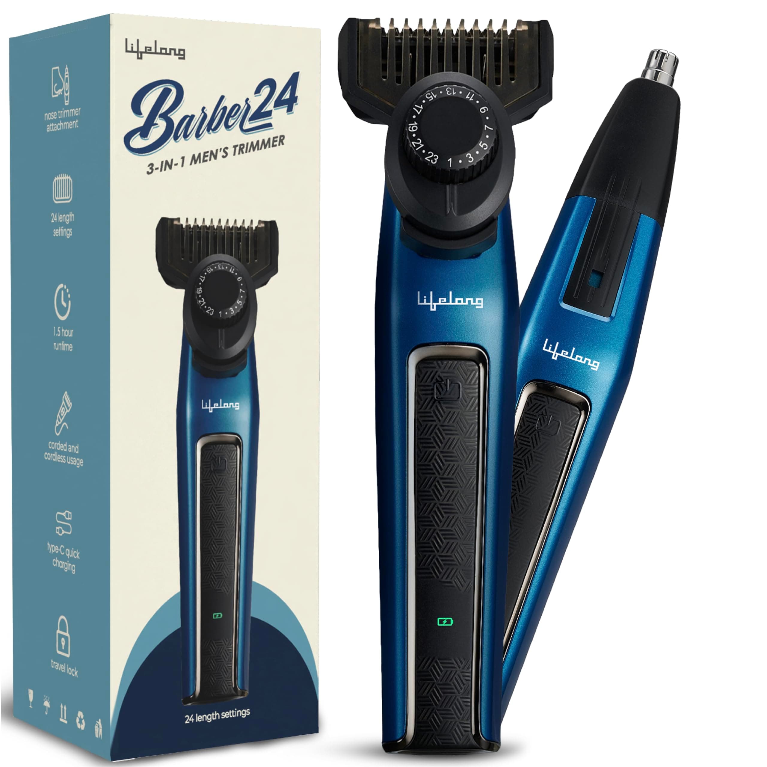 Lifelong Beard Trimmer for Man | Trimmer Men Beard | All in One 24 Length Settings Cordless Rechargeable Shaving Machine for Beard, Hair, Nose & Full Body | 1.5Hr, TypeC, 1.5Hr Runtime | Grooming Kit