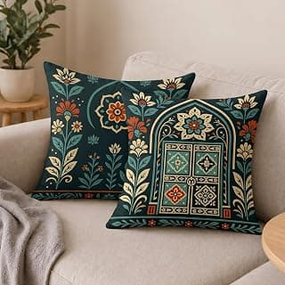 STITCHNEST Satin Cushion Covers Pack of 2 Rajasthani Haveli Door & Floral Arch Design, 16x16 Inch, Black Ethnic Decor for Sofa, Living Room & Festive Styling