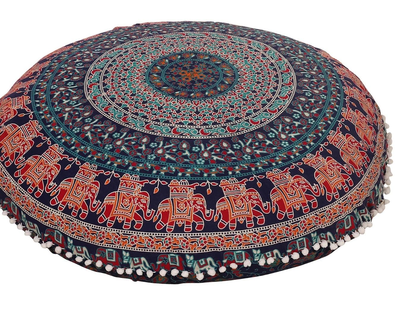 RHF 32" Blue Bohemian Indian Decorative Floor Pillow Boho Mandala Hippie Cushion Sea Ottoman Poufs, Pom Pom Pillow Cases, Pack of 1 Floor Pillow Cover Only