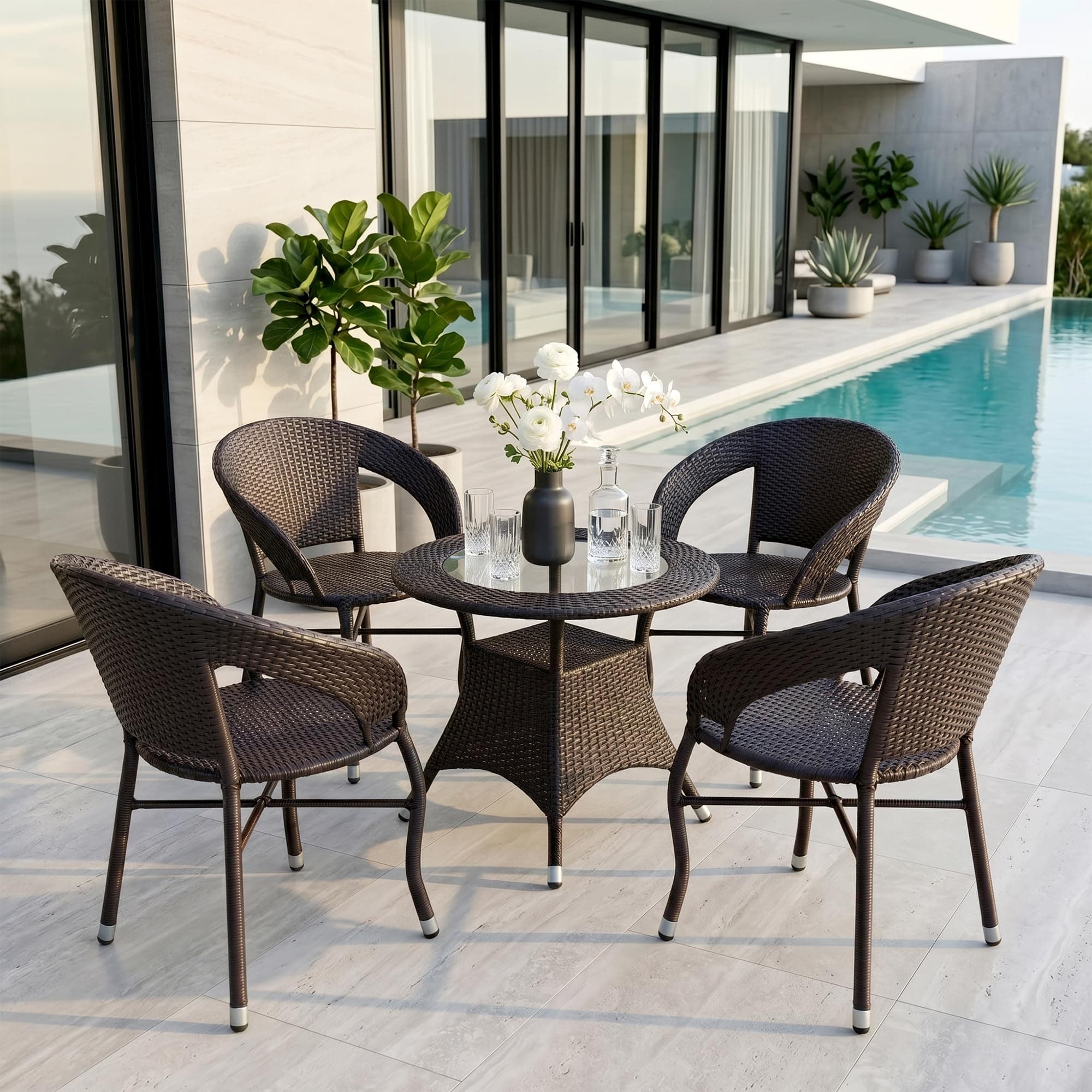 BRISHI 5-Piece Outdoor Rattan Wicker Patio Coffee Table Set | Garden Furniture for Balcony, Terrace, Porch & Poolside | Weather-Resistant Bistro Sets for Home & Backyard (Brown)