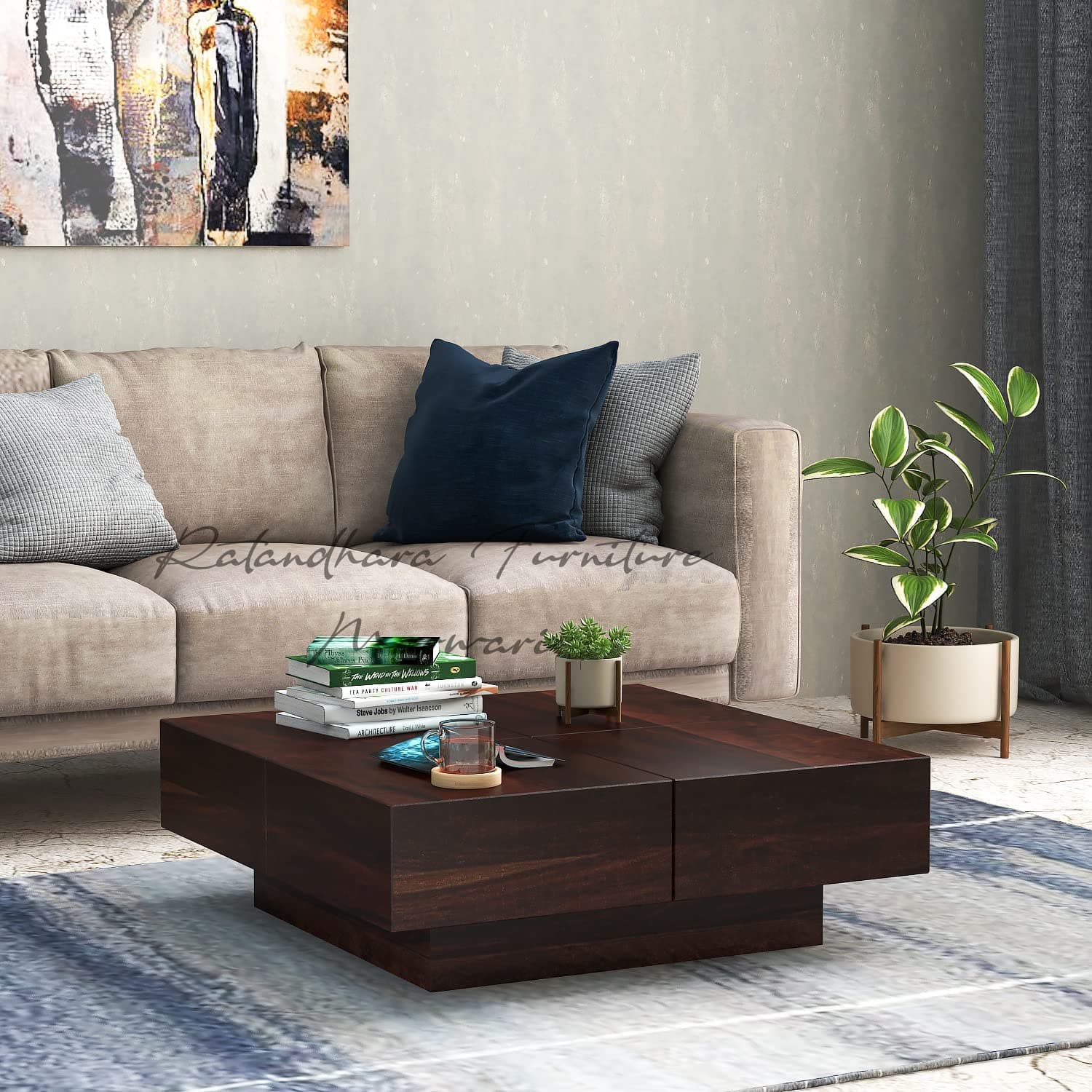 Sheesham Wood Square Center Coffee Table for Bedroom Living Room Home Solid Wooden Tea Tables Furniture for Office Hotels Outdoor (Sheesham Wood, Walnut Finish)