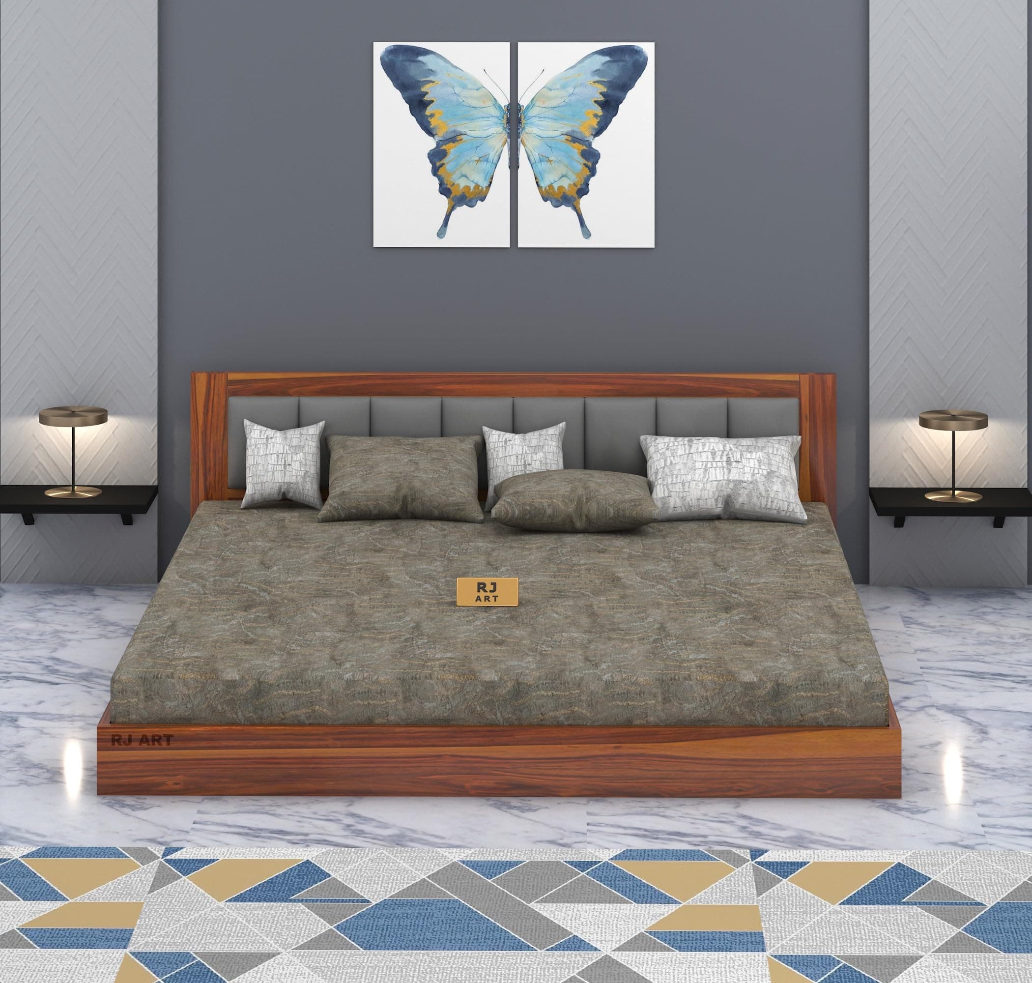 RJ ART Solid Sheesham Wood Low Height King Size Bed Without Storage | Wooden Platform Double Bed | Space Saving Low Floor/Lying/Rise/Level/Profile Cot Bed for Bedroom | Honey Finish