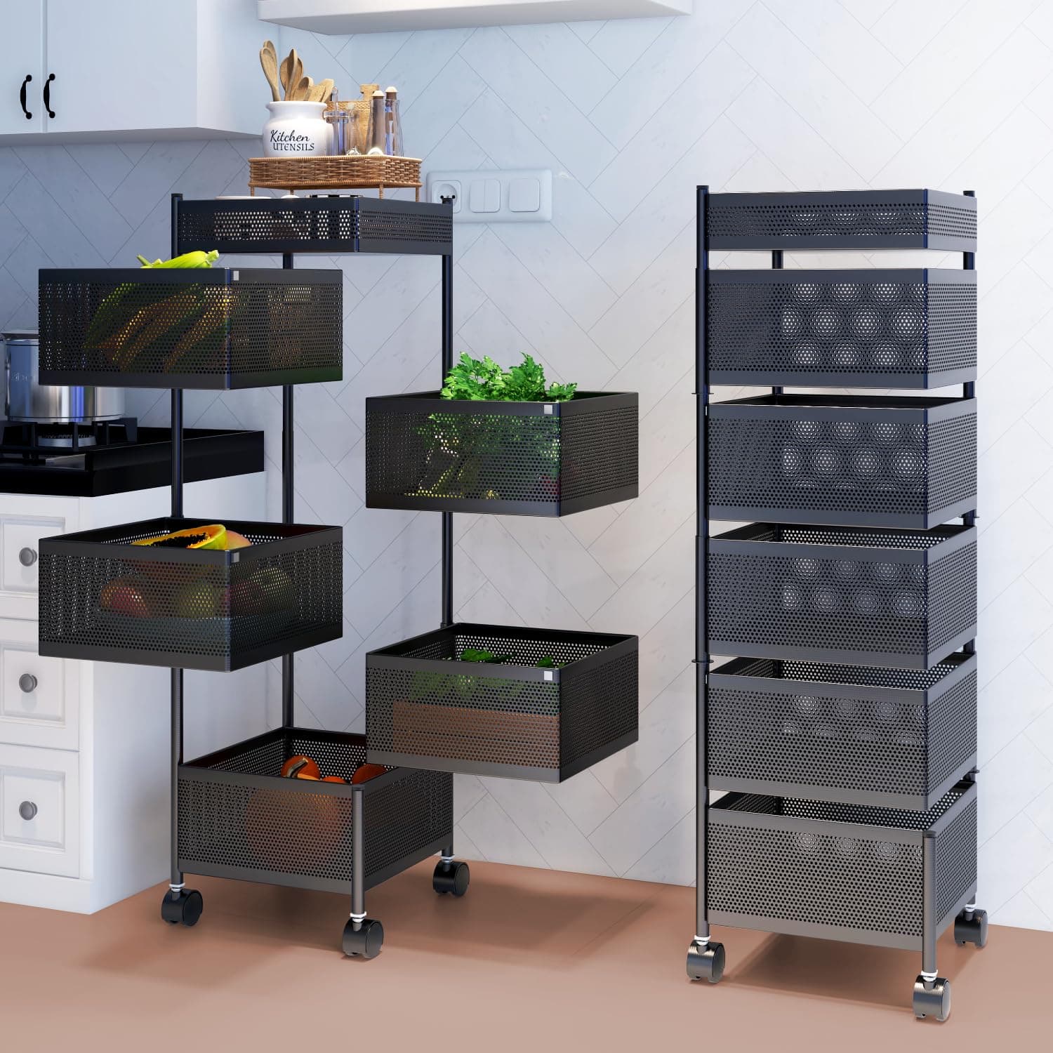 JD FRESH 6-Tier Metal Rotating Kitchen Trolley with 360-Degree Rotating Wheels/Spice Rack/Vegetable & Fruit Storage/Organizer Holder and Onion-Potato Storage Basket for Kitchen