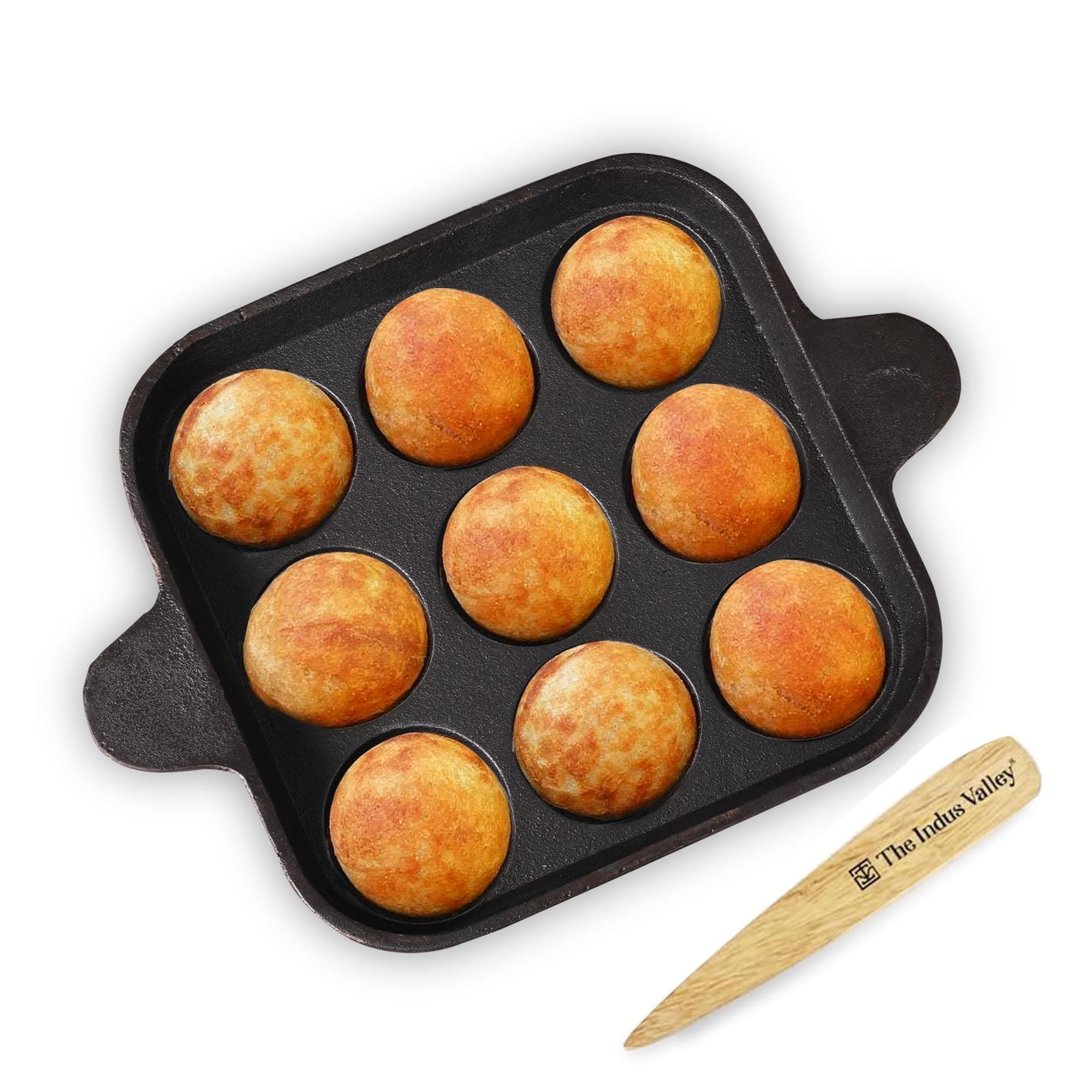 The Indus Valley Pre-Seasoned Cast Iron Square Paniyaram Pan with Spatula|Small,9Pit,9.4 Inch,2.8Kg|Induction Friendly|Nonstick Appe/Paddu Pan,100% Pure & Toxin-Free,No Chemical Coating,Black
