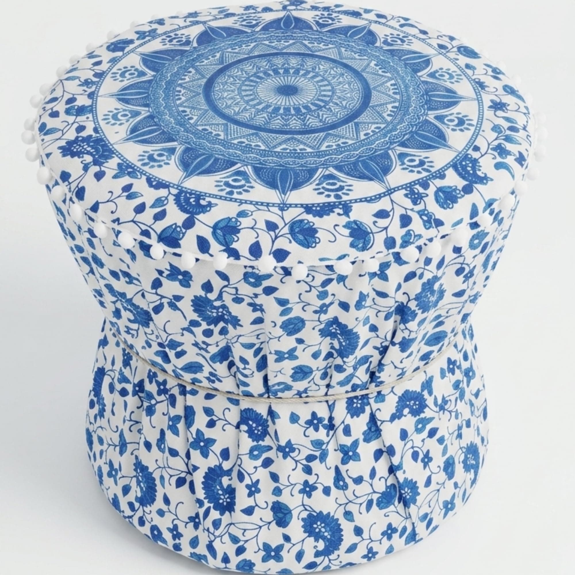 INDYCRAFTY® Blue-White Boho Pouffe Ottoman Muda Cover Round Mandala Rajasthani Print Cotton Footstool Set of 1 Pieces Mudda Cover ONLY