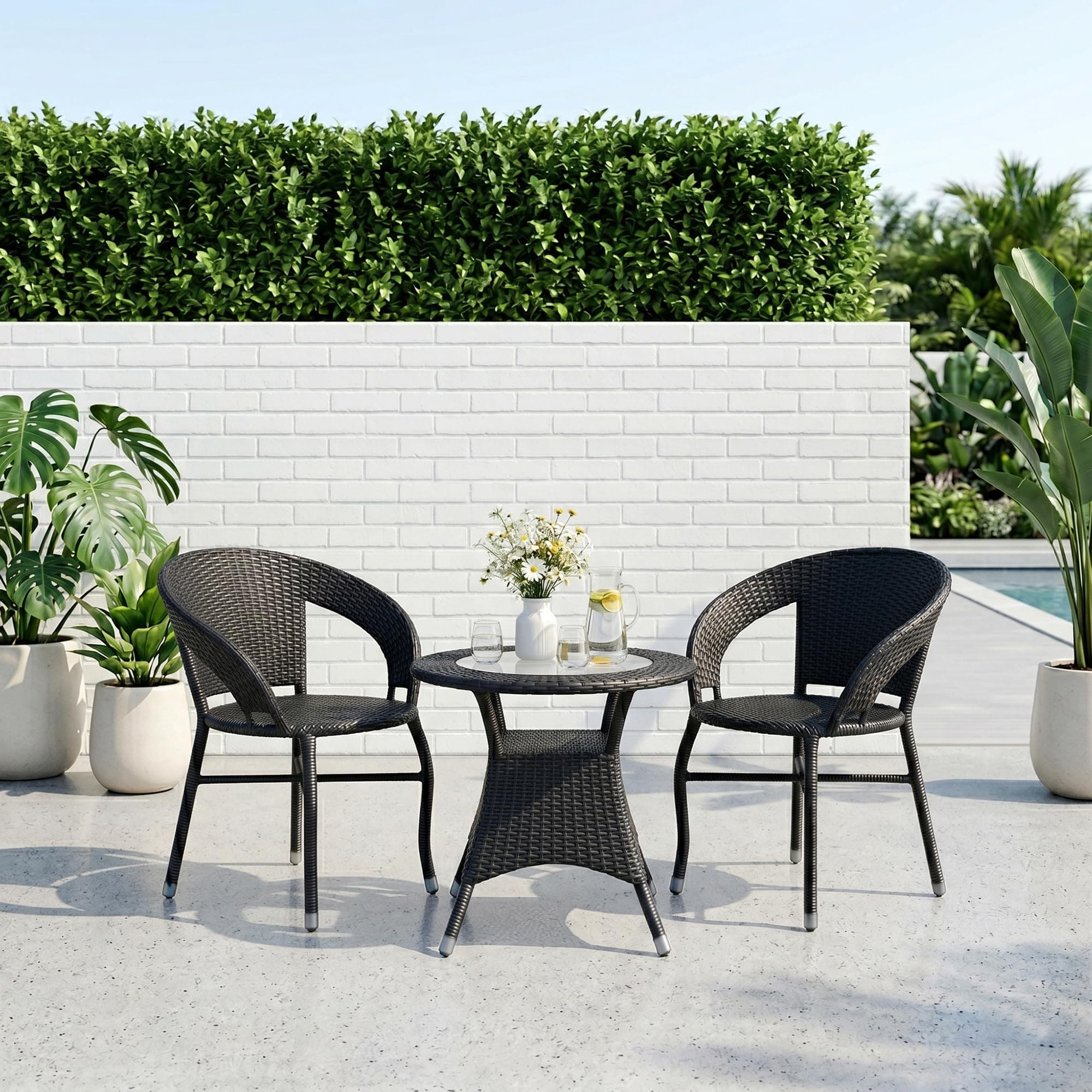 BRISHI 3-Piece Outdoor Rattan Wicker Patio Coffee Table Set | Garden Furniture for Balcony, Terrace, Porch & Poolside | Weather-Resistant Bistro Sets for Home & Backyard (Black)