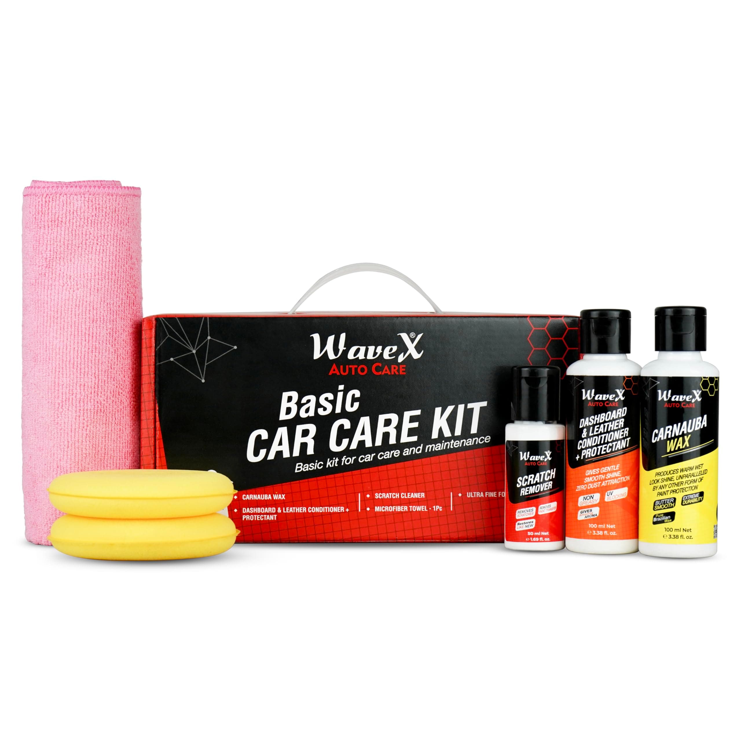 Wavex Car Cleaning Kit Contains Polish Carnauba Wax, Dashboard Polish, Scratch Remover, Premium Microfiber Cloth, 2- Ultra Fine Foam Applicators