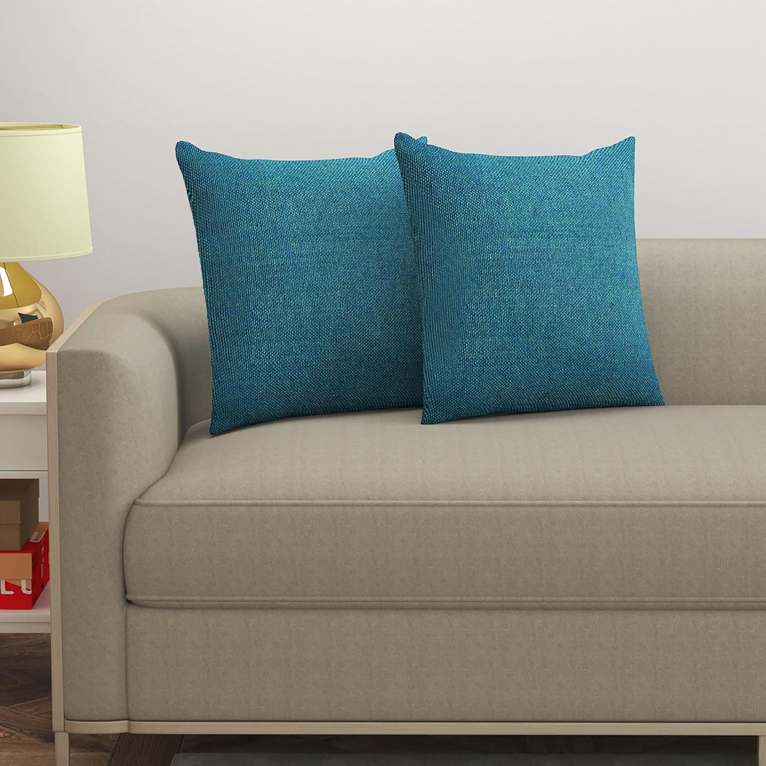Yellow Weaves Jute Texture 250 TC Cushion Covers, 12 X 12 Inches, Blue, Set Of 2