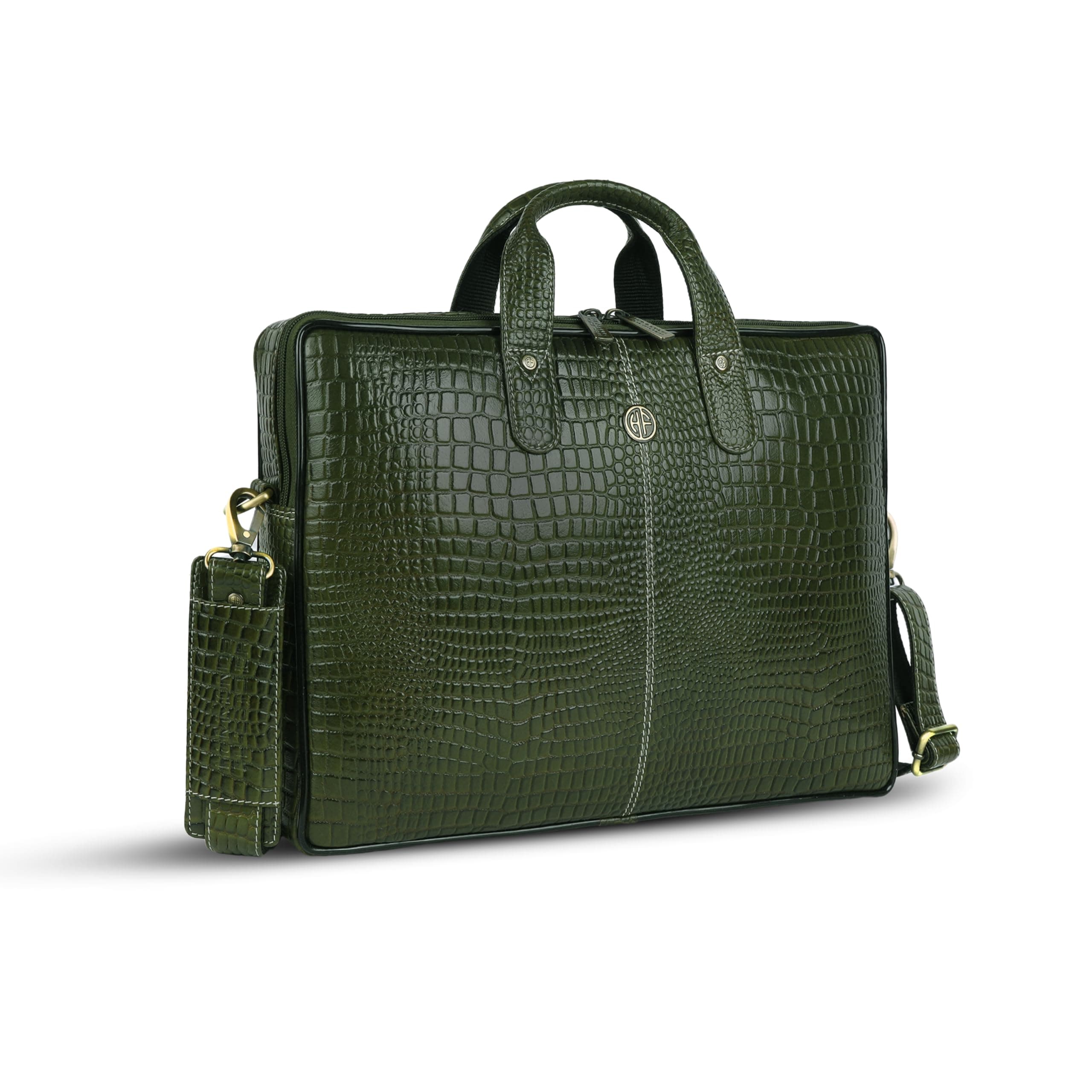 HAMMONDS FLYCATCHER Genuine Leather Office Bag for Men, 15.6 Inch Laptop Bag, Professional Leather Bag, Adjustable Straps, Multiple Compartments - 1 Year Warranty - Croc Olive Green