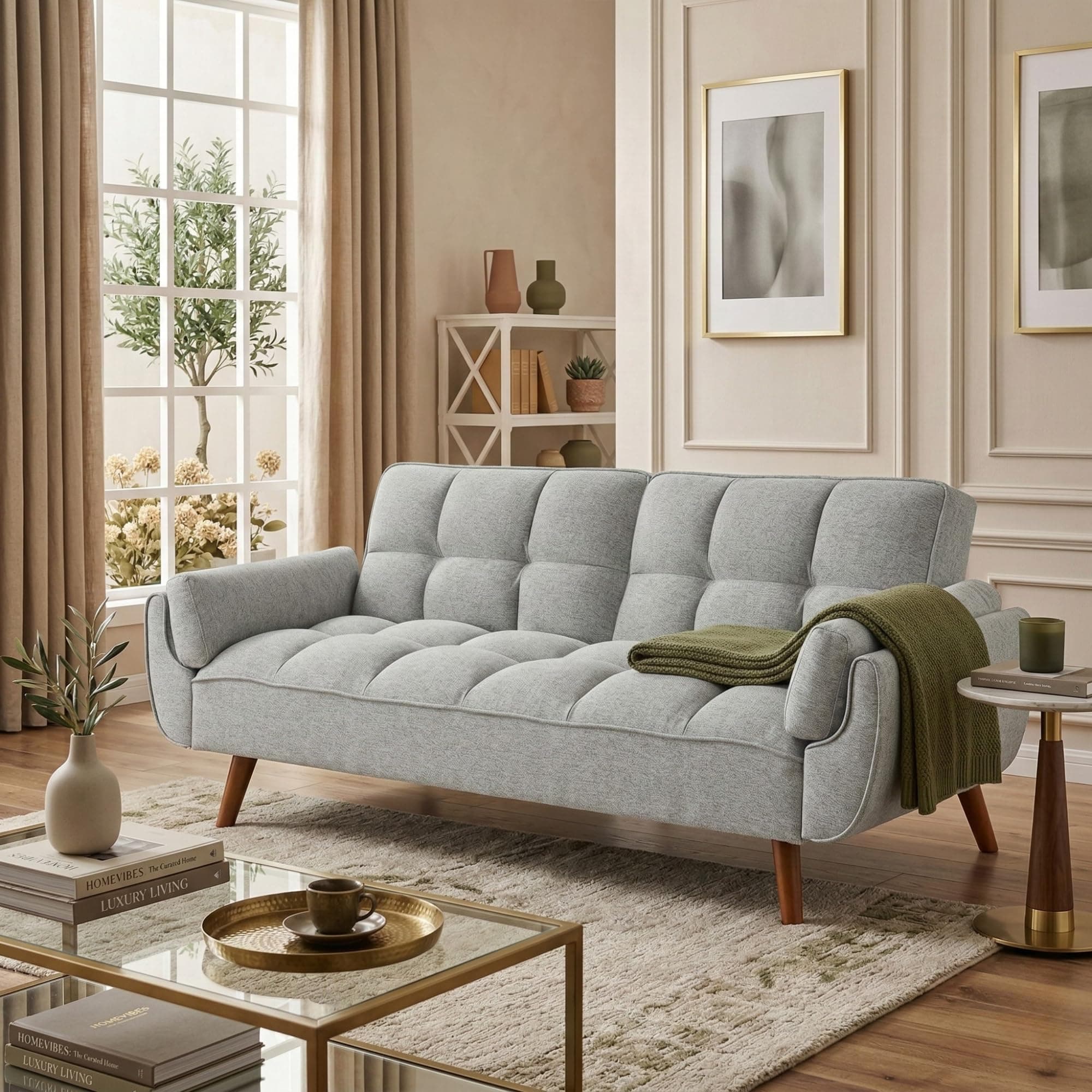 Homevibes Tarantino 3-Seater Convertible Sofa Cum Bed | Modern Tufted Upholstered Folding Sleeper Sofa for Living Room | High-Density Foam Comfort | Space Saving Couch Bed for Home (Light Grey)