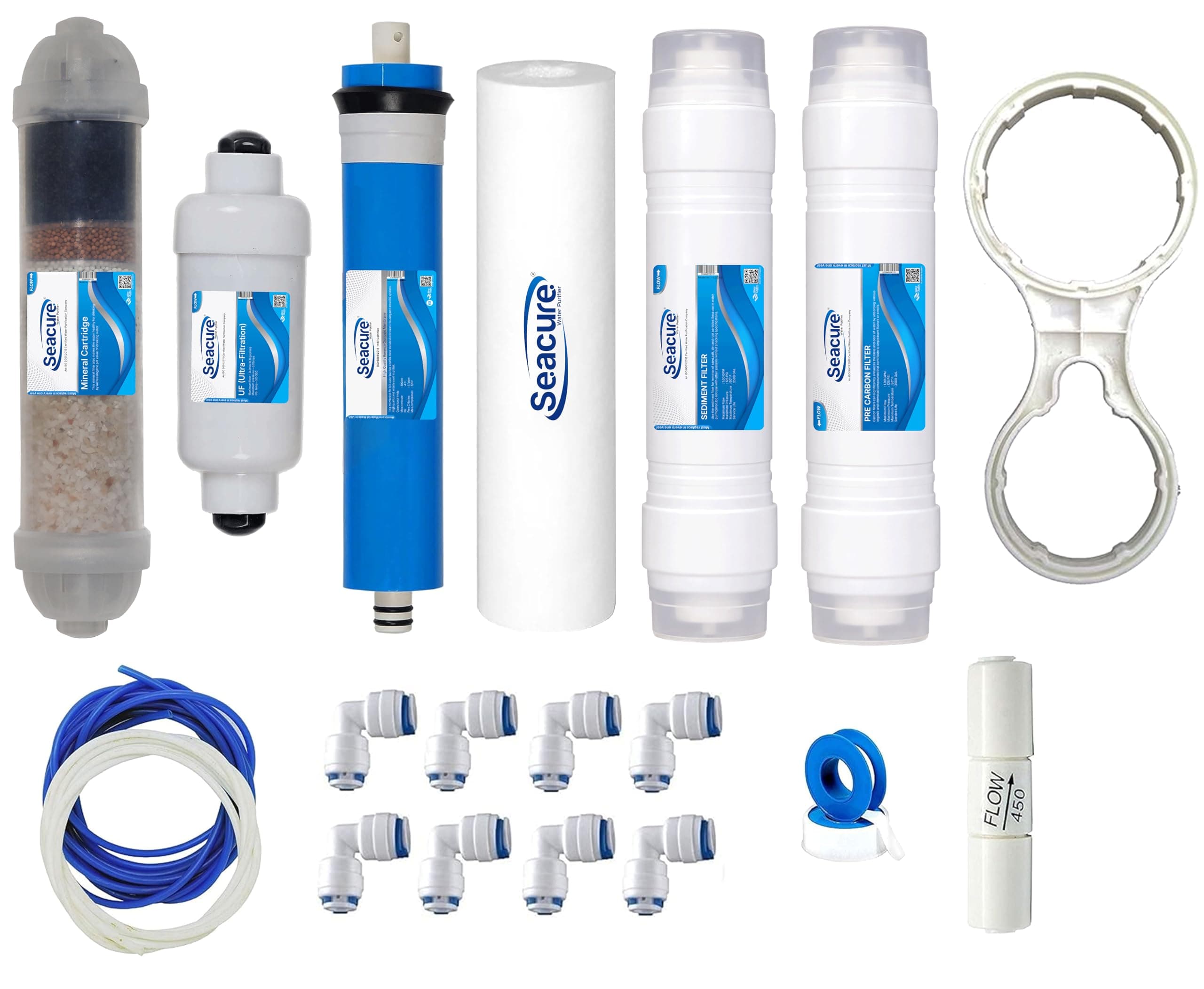 Seacure Complete RO Water Purifier Filter Service Kit | Universal RO Kit for All Water Purifiers | 2 Inline Filters + Membrane + Mineral & UF Filter + Accessories | Best for Home and Offices