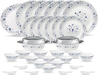 La Opala Diva Classique Collection Opal Glass Crockery | for Family of 6 | Dinner Set 35 pcs Blue Mystique | Plates & Bowls for Dining | Microwave Safe | 100% Vegetarian | Extra Strong | White