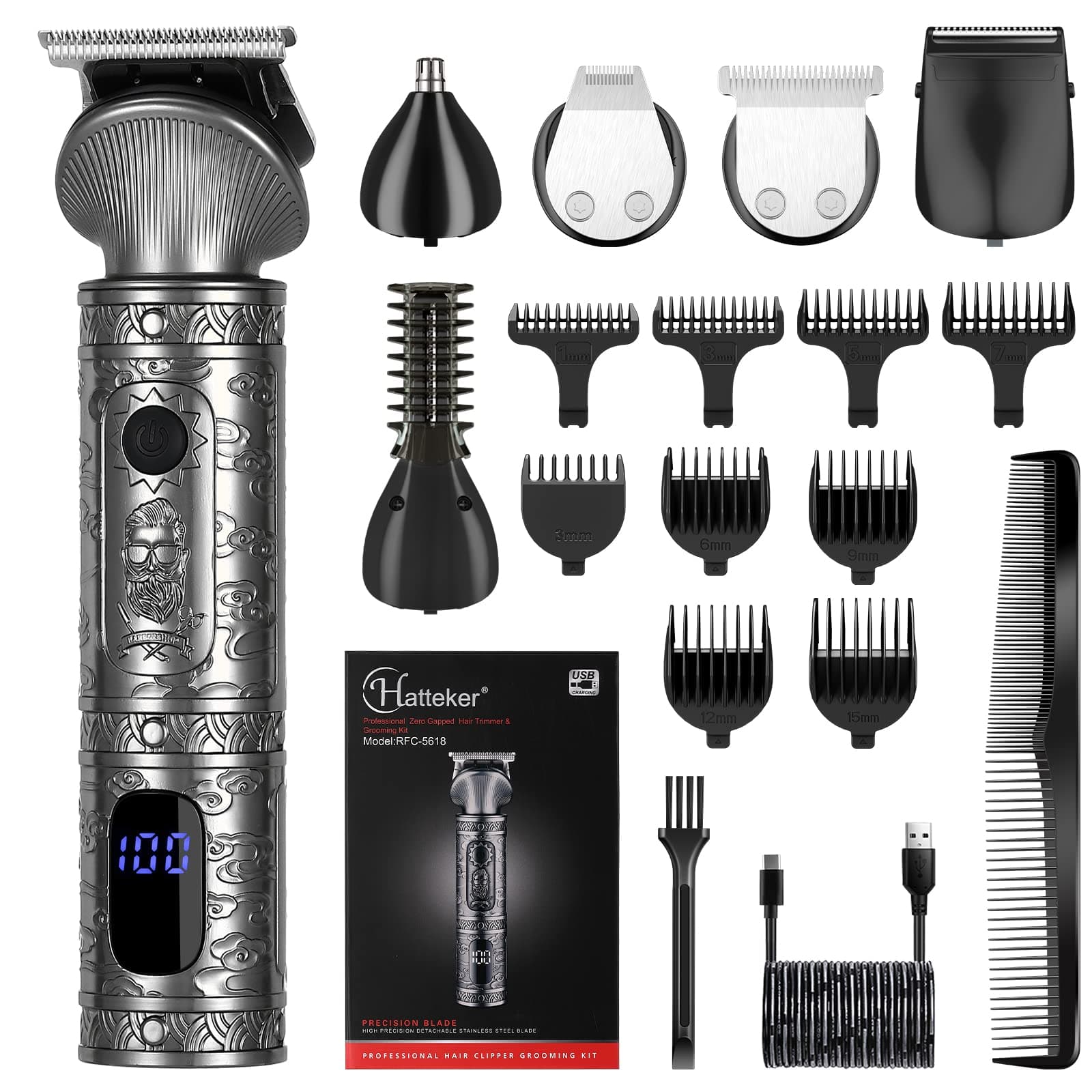 Hatteker 6 in 1 Beard Trimmer Kit for Men - Professional Hair Clipper, T-Blade, Nose Hair Trimmer, Beard Shaver, Hair Cutting and Body Grooming Kit - Cordless