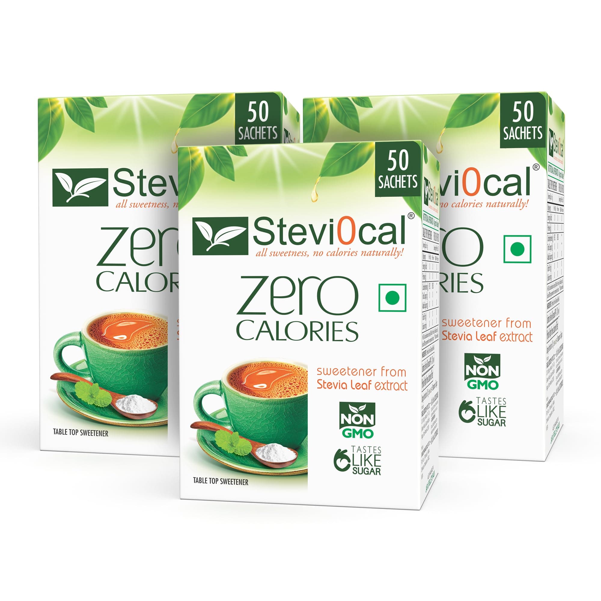 Stevi0cal Stevia Sweetener Powder in Sachets | 100% Sugar Free Natural | Zero Calorie for Weight Management, Diet, Diabetic Friendly | 50 Sachets, 1 Gram/Sachet - Pack of Three (3 x 50 sachets )