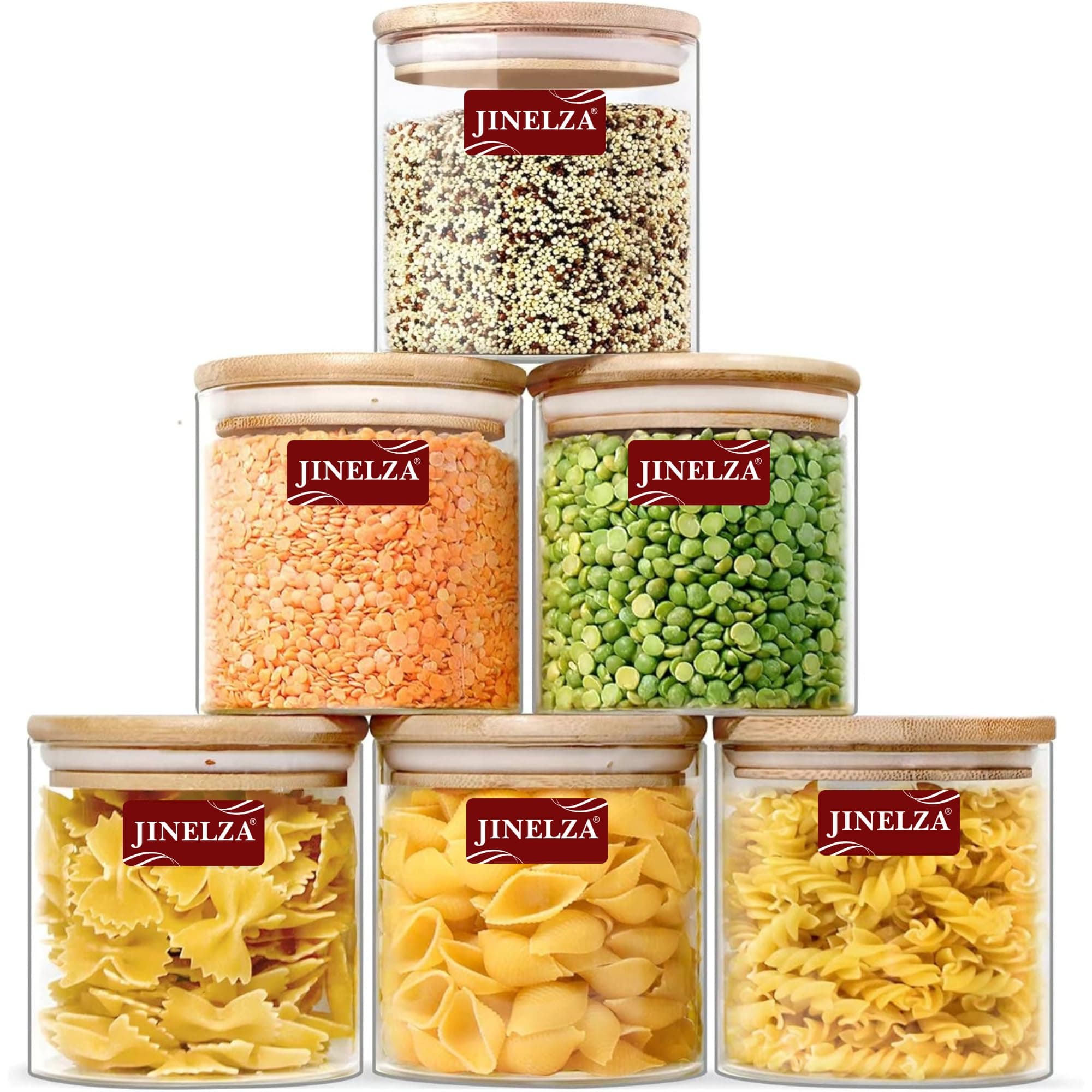 Jinelza 500ml Round Glass Jar With Wooden lid Round Shape Kitchen Food Storage Glass Jars & Containers with Wooden Lid - for Noodles, Flour, Cereal, Rice, Sugar, Tea, Coffee etc Set Of 6