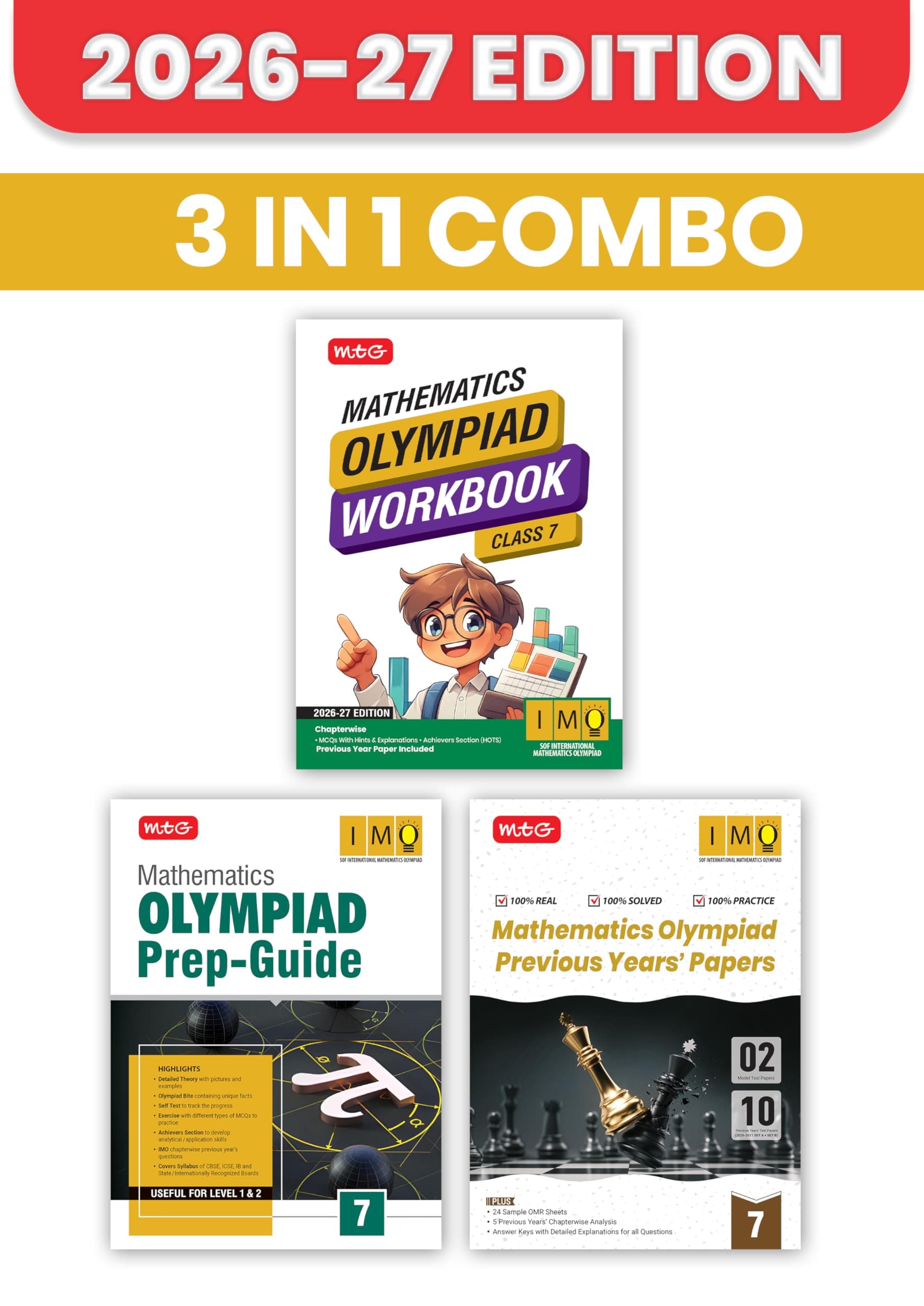 MTG Mathematics Olympiad (IMO) Workbook, Prep Guide & Previous Years Papers Class 7 (PYQs) with Mock Test Paper - SOF Olympiad Books For 2026-27 Exam (Set of 3 Books)