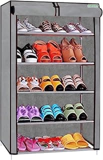 FLIPZON Plastic Multipurpose 5 Shelves Shoe Rack with Zip Door Cover & Side Pockets, Multiuse Storage Rack for Footwear, Toys, Clothes with Dustproof Cover (5 Shelves, Grey)