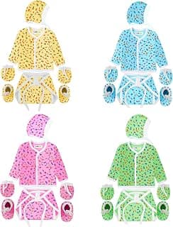 Toddylon New Born Baby Clothes Jhabla Set | Front Open T-Shirt | Nappies | Cap, Mitten & Booties | Cotton | Casual | Regular Fit | Sleepwear (Multicolor, 0-6 Months)