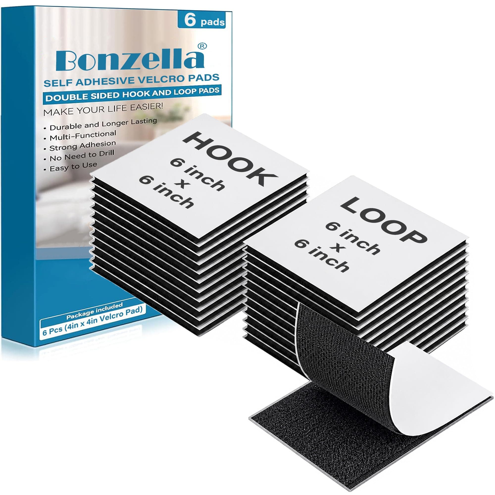 BONZELLA 6 Pcs Self Adhesive Hook and Loop Strip Tape, 6 x 6 in Industrial Strength Interlocking Hook Loop Sticker,Multipurpose Double Sided Hook & Loop Tape for Crafting & Hanging 15cm x 15cm, Black