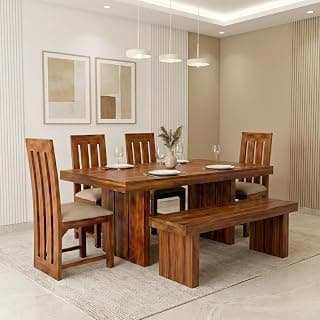 SONA ART & CRAFTS Solid Sheesham Wood Dining Table Set 6 Seater Dinner Dinning Table with 4 Chair with Bench for Dining Furniture for Living Room Home Hotel Office Self Assembly (Honey Finish)