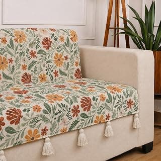 STITCHNEST 'Eden Weaves Collection Series' 3 Seater Sofa Cover – Full Coverage| Elegant Woven Fabric, Decorative Tassels, Washable & Durable for Modern Living