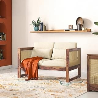 Urban Ladder Korai Plus 2 Seater Sofa (Finish : Teak, Fabric - Macadamia Brown Hopsack Weave)