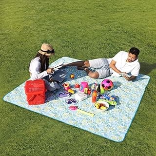 HOKIPO Pvc Extra Large Waterproof Square Picnic Mat For Beach, Garden, Yoga, Indoors, 6.5X6.5 Feet, Floral Blue (Ar3921)