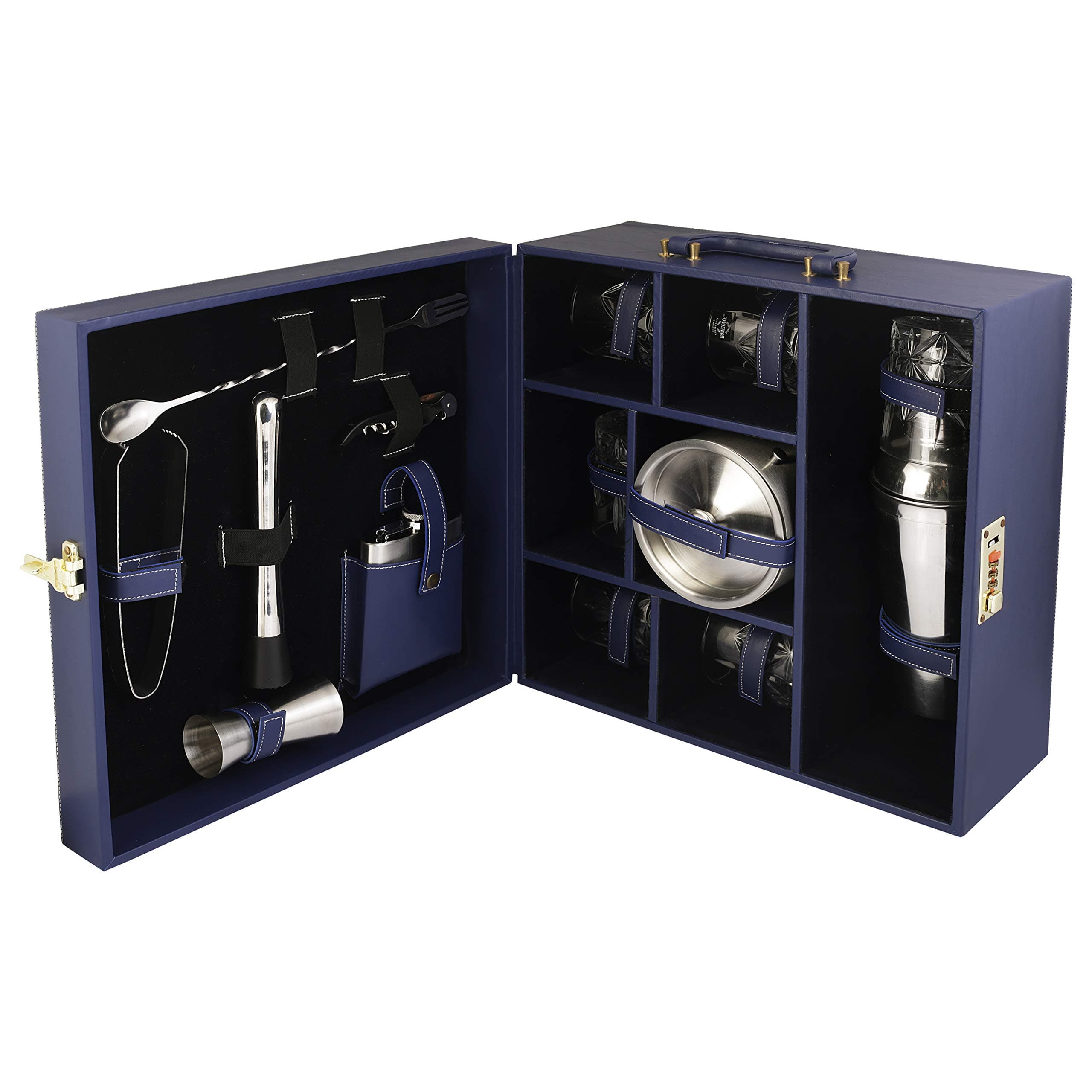 Anything & Everything Portable Leatherette Briefcase Bar Set for Picnic, Travel and Car - Includes Whiskey Glasses (Blue & Blue)