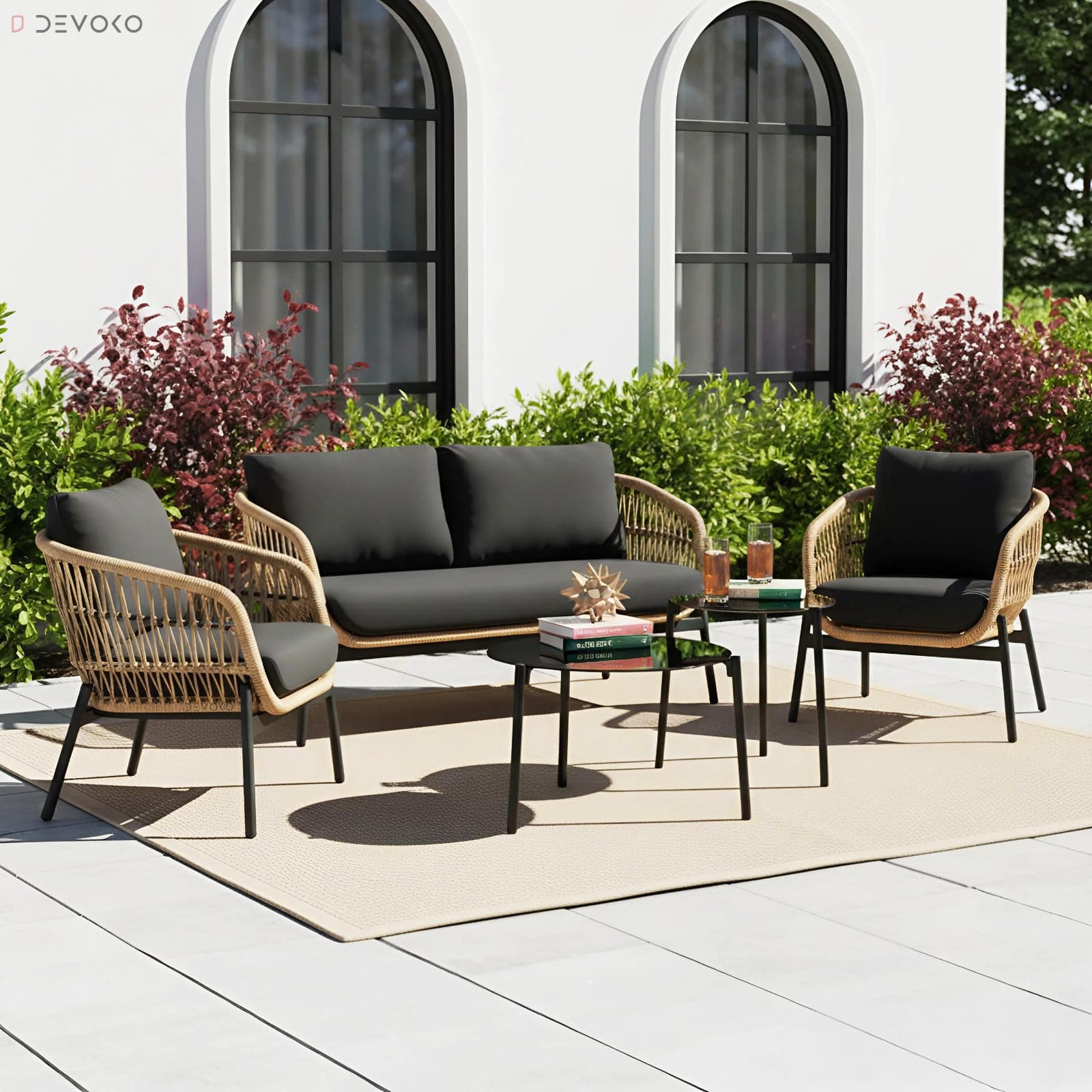 DEVOKO Nova 4 Seater Outdoor Rope Sofa Conversation Set (Beige & Black) | Comfortable All Weather Water-Resistant Cushions and Glass Top Round Center Table for Garden Patio Poolside
