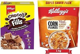 Kellogg's Chocos Fills Double Chocolaty, Multigrain, Protein B Vitamins, 0% Maida 250g + Corn Flakes Real Almond Honey, Breakfast Cereals, Iron & Vitamin B1,B2,B3,B6 & C, Naturally Cholesterol Free1kg