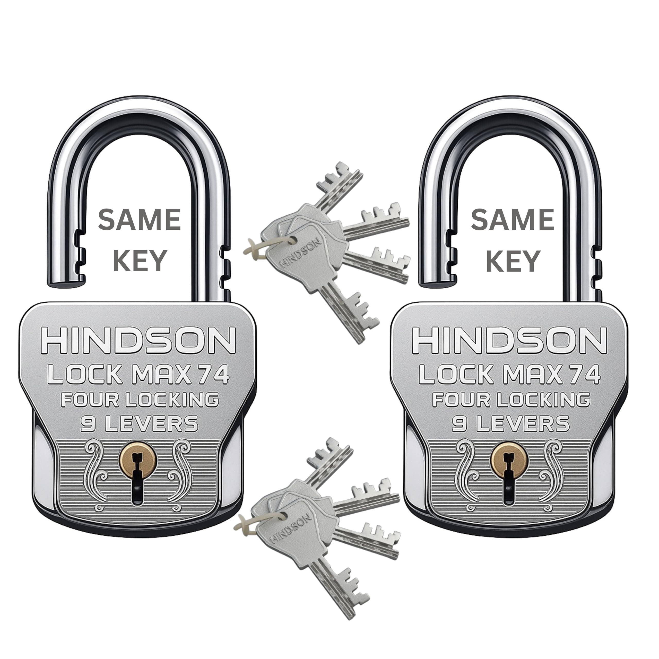 Hindson Lock Max 74 Heavy Duty Padlock Set, 74mm, Silver, 4 Locking Technology, 9 Lever Mechanism, 2 Locks with 8 Same Keys, 610g