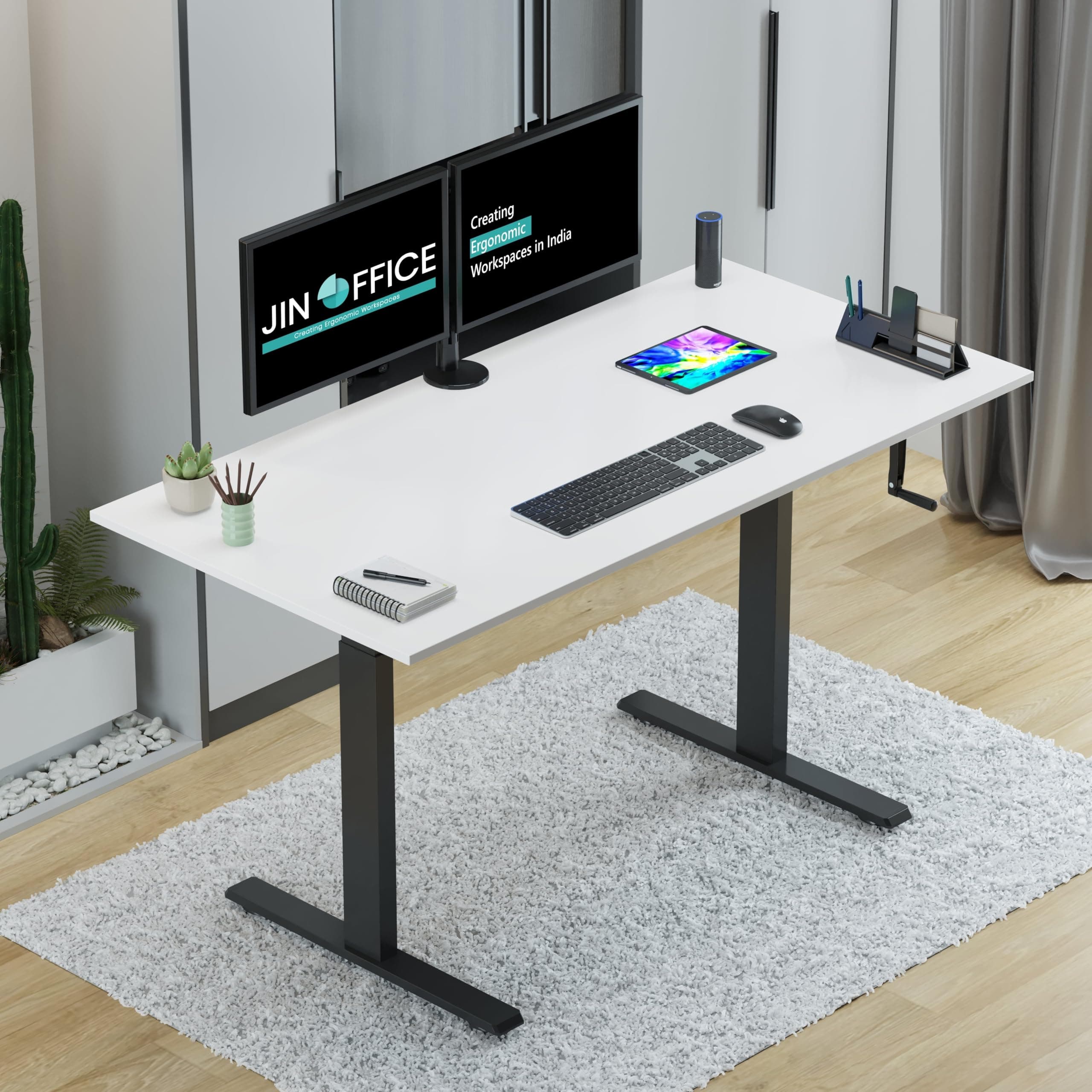 Jin Office Vertex Manual Height Adjustable Standing Desk| Hand Crank Height Adjustable Table| Sit Stand Desk| Ergonomic Table, 3 Year Warranty,80 Kg Wt. Cap| Black & White| 1500*750mm/ 25MM Thick Top