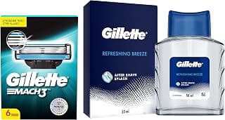 Gillette Mach 3 Shaving Blades- Pack of 6 (Cartridges) & AFTER SHAVE SPLASH REFRESHING BREEZE 50ML, White