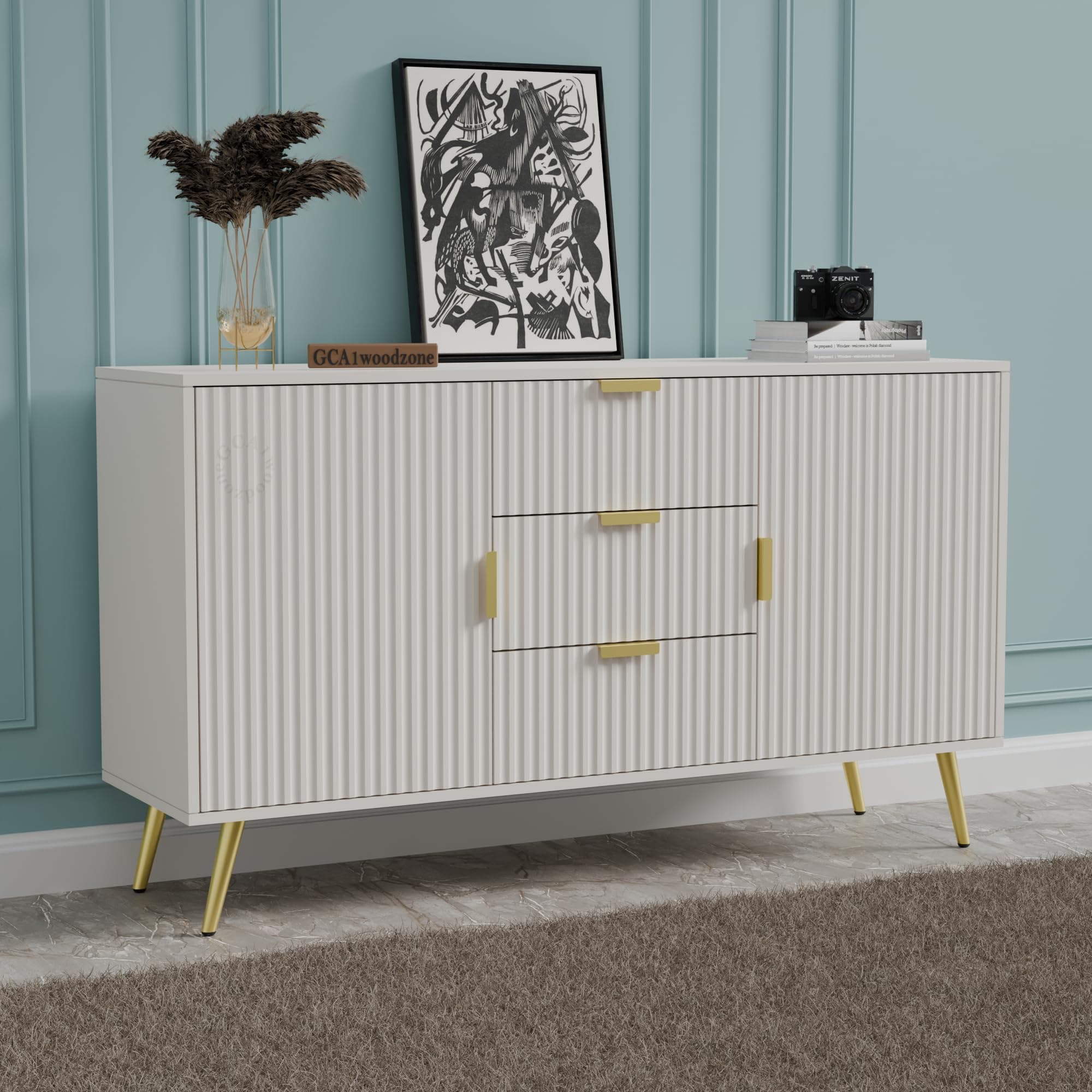 GCA1 WOODZONE Wooden Sideboard Cabinet for Living Room | Side Board with 3 Drawers & 2 Doors Cabinet Storage for Dining, Drawing and Home Office | HDMR Premium Wood & Iron | White & Golden