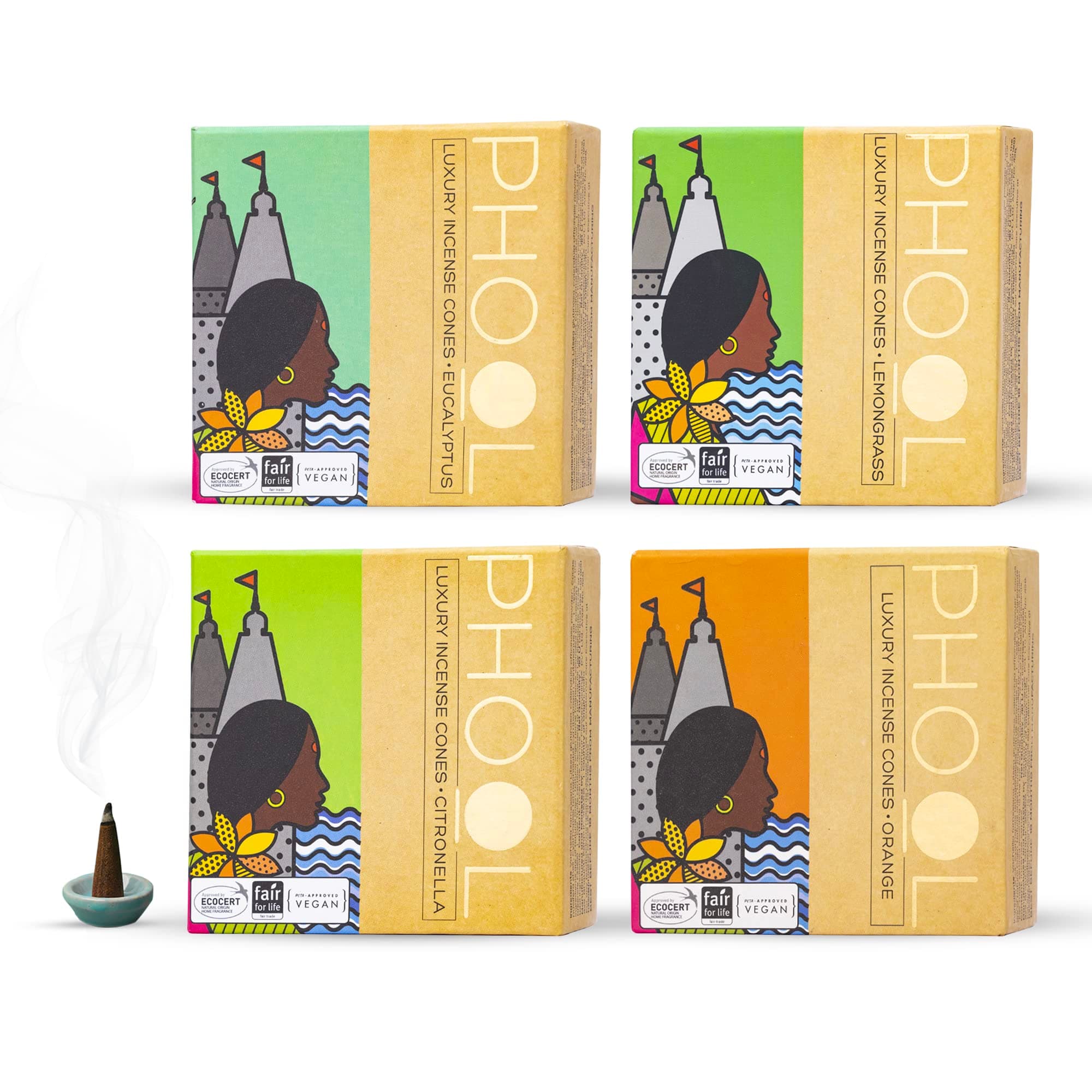 PHOOL LUXURY INCENSE Natural Incense Cones (Bundle Pack Of 4) I Citral Fragrances - Citronella, Eucalyptus, Lemongrass, Orange I 100% Organic Dhoop Cones | Natural Mosquito Repellents