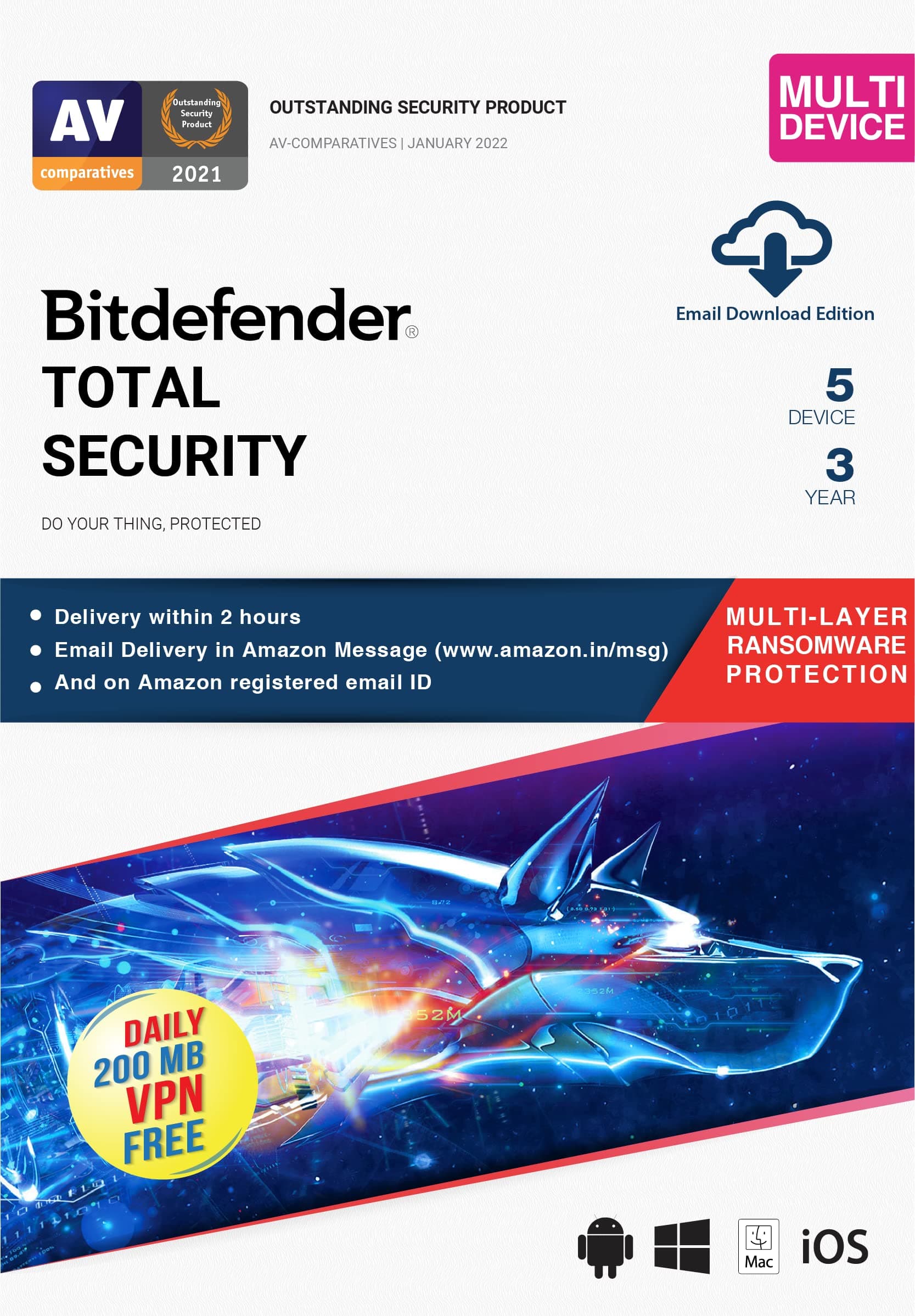 Bitdefender - 5 Devices,3 Years - Total Security | Windows| Mac| Android|iOS | Latest Version |(Single Activation Code) Email Delivery in 2 Hours- No CD |