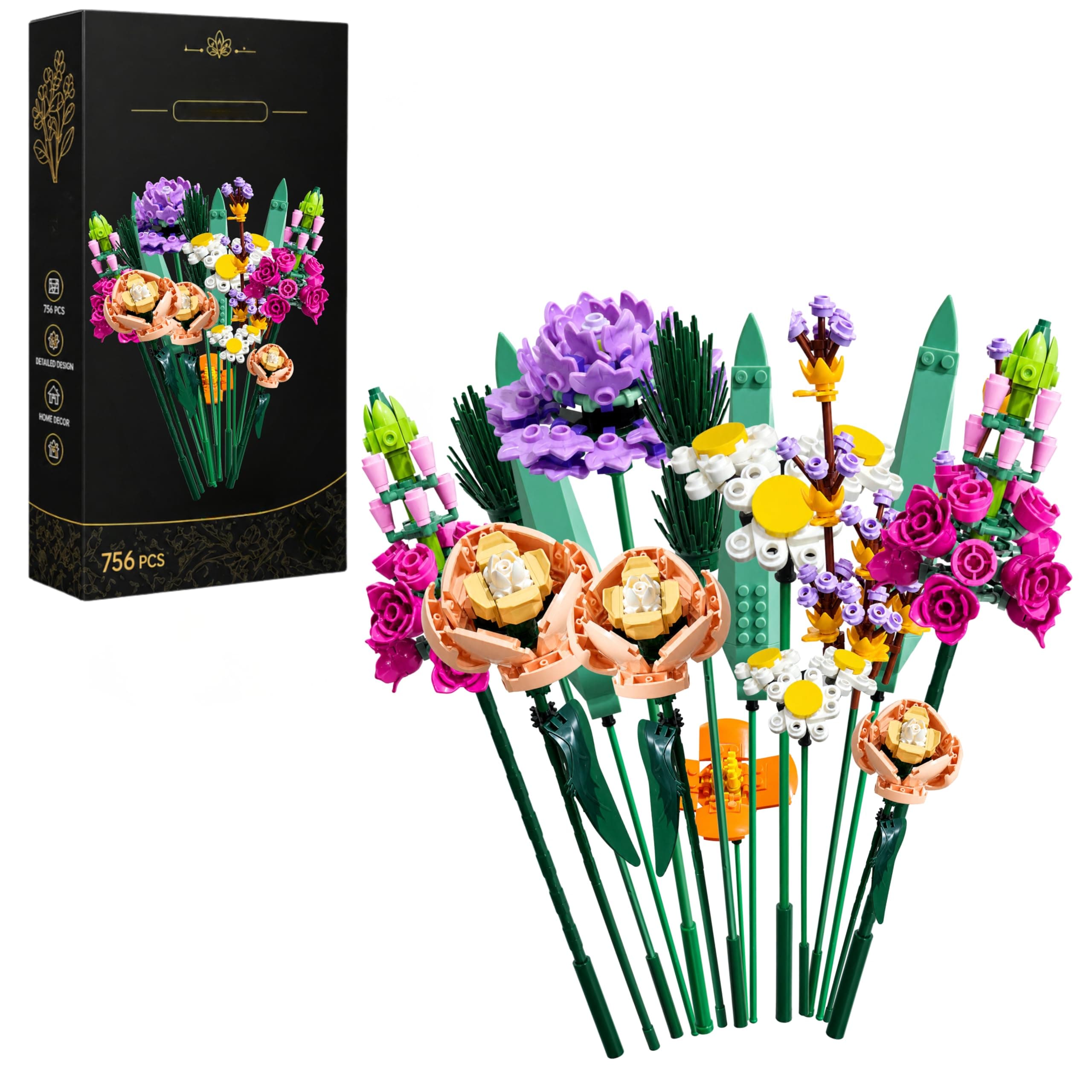 Prplet Flower Bouquet Building Blocks Set | Botanical Artificial Flower Decor Toy (756 Pieces) | DIY Creative Brick Bouquet for Home & Office Decoration