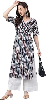 Janasya Women's Navy Blue Pure Cotton Geometric Straight Kurta