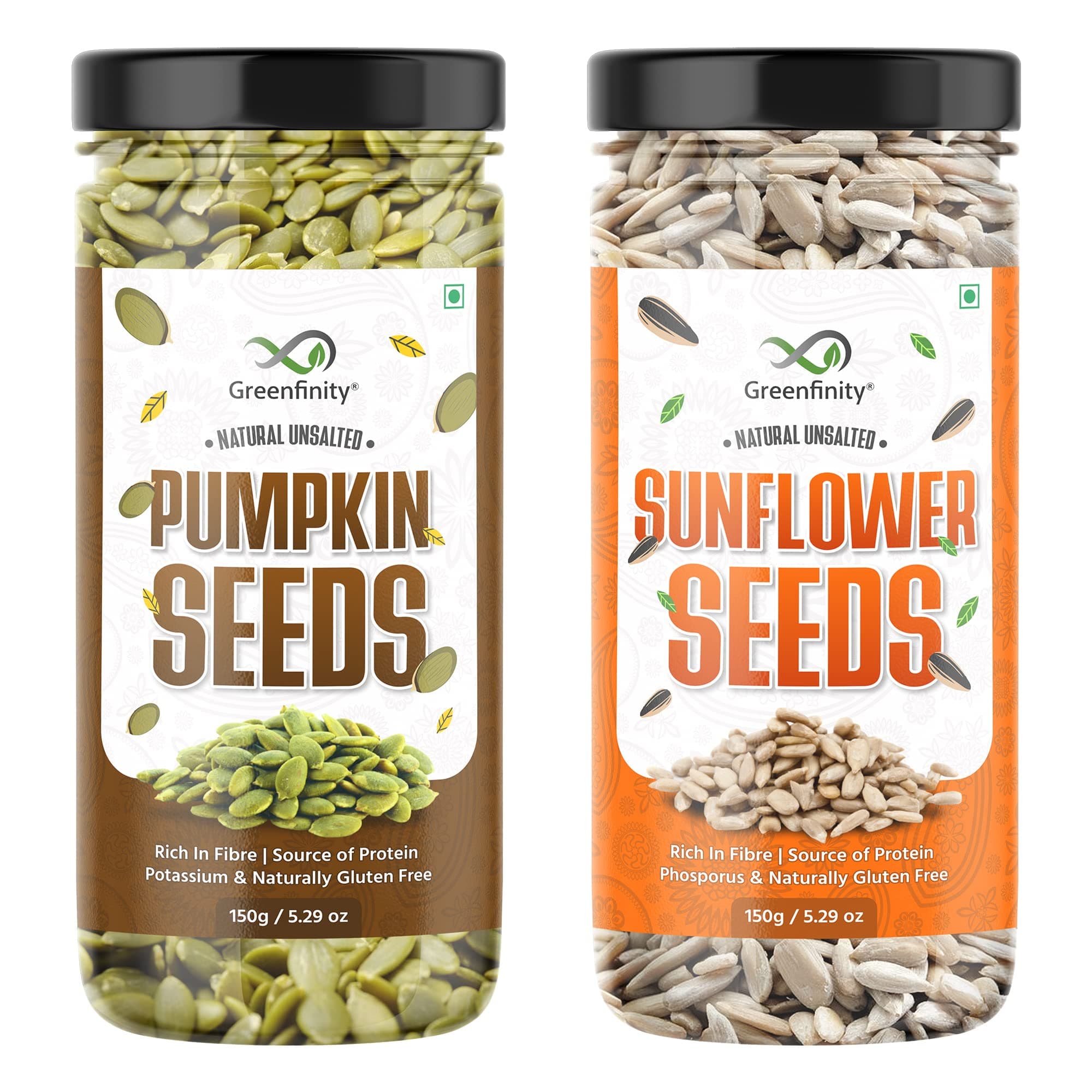 GreenFinity Healthy Seeds Combo Pack- Pumpkin and Sunflower Seeds | Rich in Omega 3, Fiber, Antioxidant | Healthy Snacks for Salad, Smoothies, Weight Management, and Immunity Booster (150g Each)