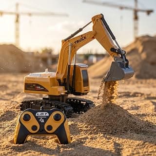 Remote Control Construction Vehicle Fang 6-Channel RC Excavator Toy for Kids with Alloy Arm, Rechargeable Engineering Car, Heavy Duty Machine Construction Toy with Lights & Music (Yellow)