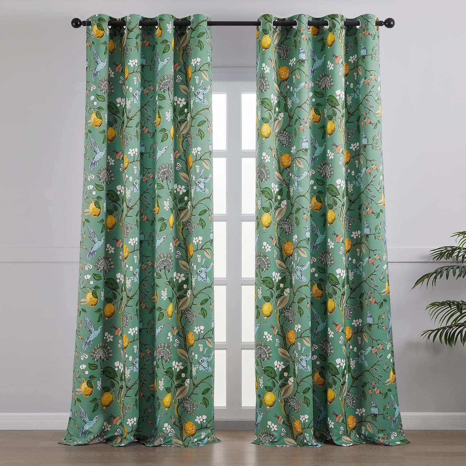 BFAM Floral Print 100% Blackout Curtain with Black Linning at Back,Green Bird Print Curtains for Living Room/Bedroom Thermal Insulated Energey Saving 5 Feet Pack of 1 Curtain