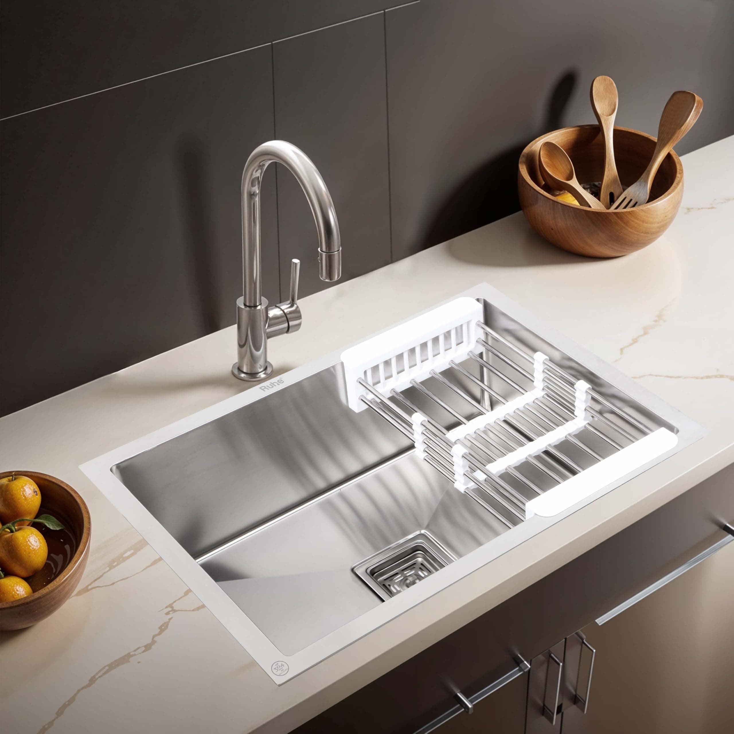 Ruhe® Handmade Single Bowl Kitchen Sink - 24x18x10 inches | 304-Grade Stainless Steel Sink Matte Finish | Kitchen Sink Including Coupling, Waste Pipe & Vegetable Washing Basket | 25 Year Warranty