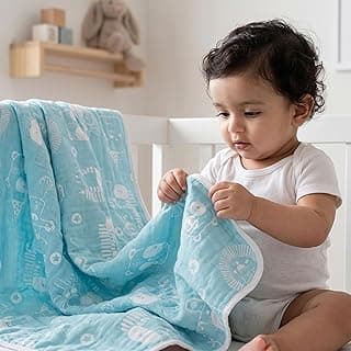 TIDY SLEEP Baby Blankets 6 Layer Wraper 100% Cotton Stroller Cover Receiving Blankets, Blue (100 Cm X 90 Cm), Breathable